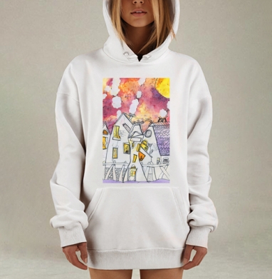 Домики на закате, розовое небо, городской пейзаж, акварель, Hoodie Mjhigh Dig, оверсайз, утепленная