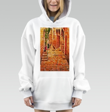 Узкая старинная улочка в акварели с красной дверью, Hoodie Mjhigh Dig, оверсайз, утепленная