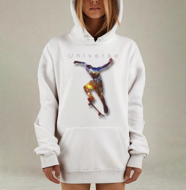 Силуэт скейтбордиста с космическим узором, Hoodie Mjhigh Dig, оверсайз, утепленная