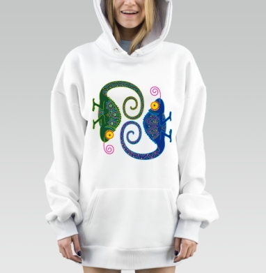 Chameleon Harmony / Хамелеоны и трансформация вечного цикла в зеркальном танце, Hoodie Mjhigh Dig, оверсайз, утепленная