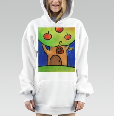 Уютный домик на дереве с яблоками и птичкой, Hoodie Mjhigh Dig, оверсайз, утепленная