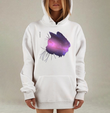 Стильный портрет космической кошки в двойной экспозиции, Hoodie Mjhigh Dig, оверсайз, утепленная