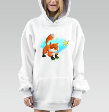 Игривый Лисёнок с Бабочкой на Светлом Фоне, Hoodie Mjhigh Dig, оверсайз, утепленная