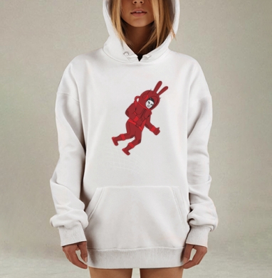 Красный космонавт с заячьими ушами на проволочной поверхности, Hoodie Mjhigh Dig, оверсайз, утепленная