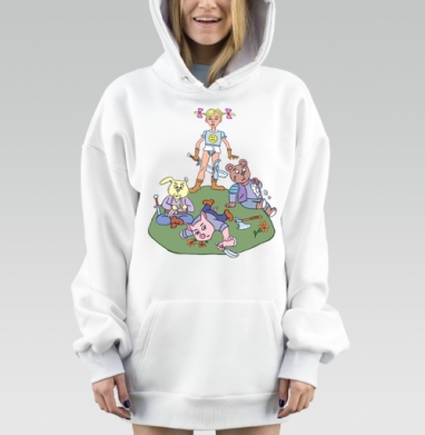 Игра и борьба: мультяшная фэнтези-сцена с девочкой и зверятами, Hoodie Mjhigh Dig, оверсайз, утепленная