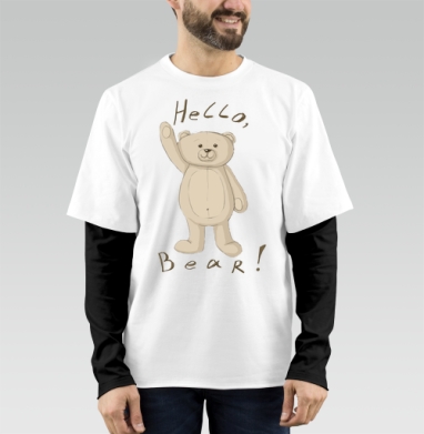 Нежный винтажный эскиз плюшевого мишки с надписью Hello Bear Привет Мишка Друг, Футболка мужская лонгслив OneOne