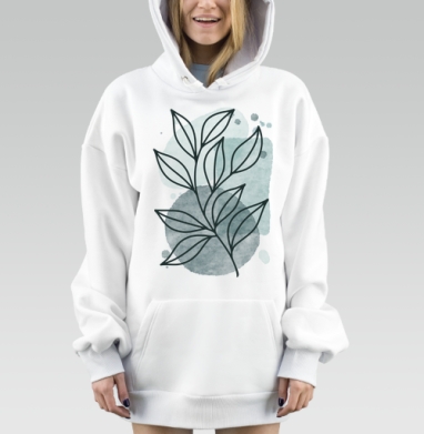 Листья на фоне серо голубых пятен на листьями, Hoodie Mjhigh Dig, оверсайз, утепленная