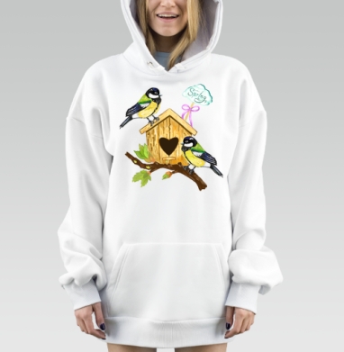 Птицы и скворечник весенний мотив уют и любовь, Hoodie Mjhigh Dig, оверсайз, утепленная