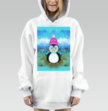 Пухлый маленький пингвинёнок в яркой шапке гуляющий по полю, Hoodie Mjhigh Dig, оверсайз, утепленная