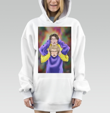 Два человека в желтом и фиолетовом одежде взаимная поддержка, Hoodie Mjhigh Dig, оверсайз, утепленная