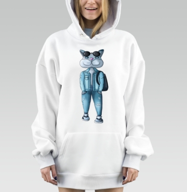 Кот в голубом костюме с рюкзаком и очками уникальный образ, Hoodie Mjhigh Dig, оверсайз, утепленная