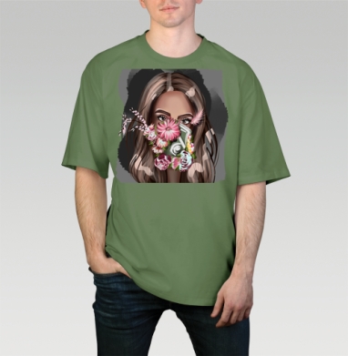 Девушка в маске с цветами лицо защитой жизни, Футболка мужская оверсайз оливковая