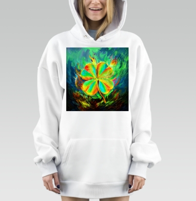 Яркий зелёный клевер с огненной энергией на фоне, Hoodie Mjhigh Dig, оверсайз, утепленная