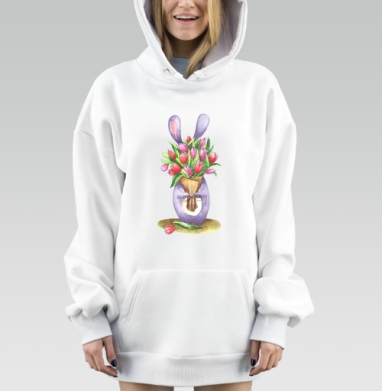Заяц с Тюльпанами весной нежность в каждом букете, Hoodie Mjhigh Dig, оверсайз, утепленная