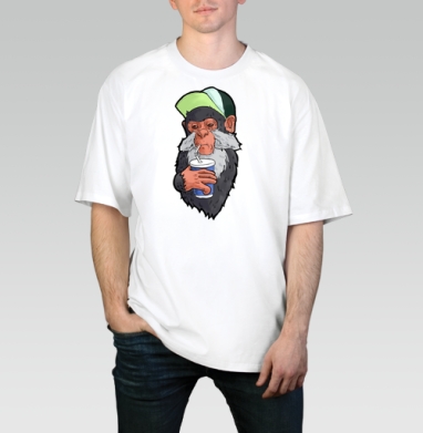 Обезьяна пьёт напиток с надписью Ром Кола вопрос, Футболка / Мужчинам / Оверсайз / Белая / C принтом