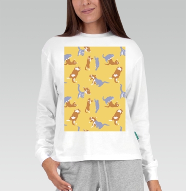 Playful Pets Cats Pattern – Паттерн игры веселых котиков дизайн, Футболка лонгслив женская белая