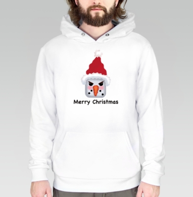 Агрессивный снеговик с красной шапкой и надписью Merry Christmas, Толстовка белая Regular, утепленная