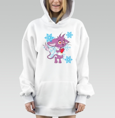 Влюбленный Фиолетовый Кот с Красным Сердцем на Снежинках, Hoodie Mjhigh Dig, оверсайз, утепленная