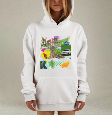 Сочная природа с тигром и современным автомобилем для настроения, Hoodie Mjhigh Dig, оверсайз, утепленная