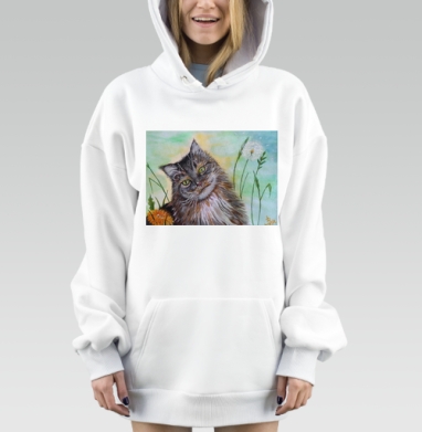 Пушистый кот на зелёной лужайке в одуванчиках, Hoodie Mjhigh Dig, оверсайз, утепленная