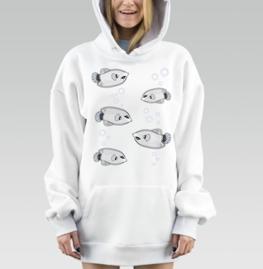 Нежные бело голубые рыбки в воде спокойствие умиротворения, Hoodie Mjhigh Dig, оверсайз, утепленная