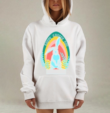 Яркий пасхальный заяц с яйцами и радугой на сером, Hoodie Mjhigh Dig, оверсайз, утепленная
