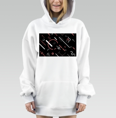 Абстрактный черный геометрический рисунок с коралловыми элементами, Hoodie Mjhigh Dig, оверсайз, утепленная