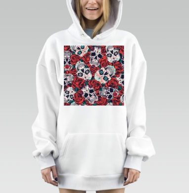 Красные розы с черепами на зелёном фоне черепами на зелёном фоне, Hoodie Mjhigh Dig, оверсайз, утепленная