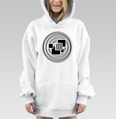 Черно белая геометрия с концентрическими кругами и квадратами, Hoodie Mjhigh Dig, оверсайз, утепленная