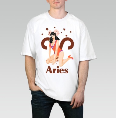 Пинап девушка Овен в ретро стиле Aries, Футболка / Мужчинам / Оверсайз / Белая / C принтом