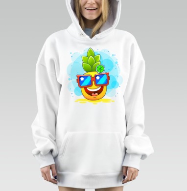 Веселый ананас в очках с лаймом над головой на сером фоне, Hoodie Mjhigh Dig, оверсайз, утепленная