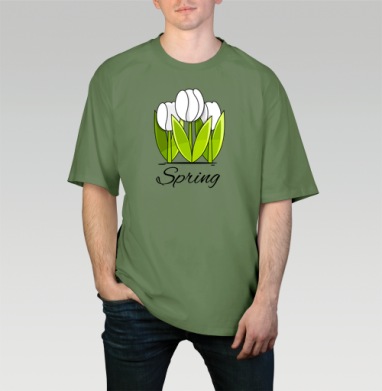 Белые тюльпаны и зелёные листья весна надпись Spring, Футболка мужская оверсайз оливковая