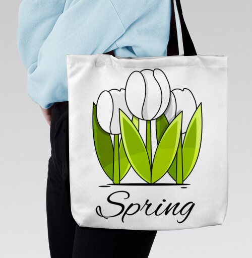 Белые тюльпаны и зелёные листья весна надпись Spring, Сумка с ручкой и внутренним карманом на молнии