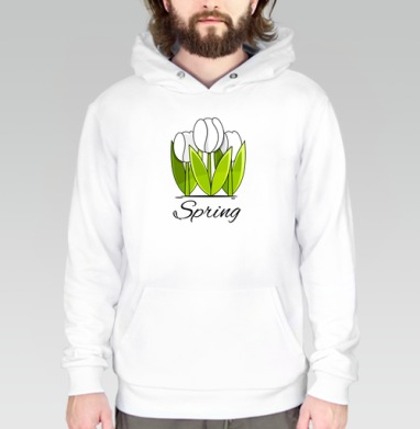 Белые тюльпаны и зелёные листья весна надпись Spring, Толстовка белая Regular, утепленная