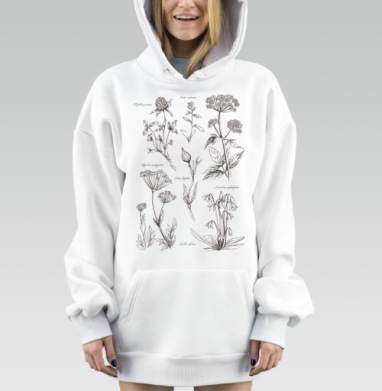 Белые ботанические рисунки разных растений на сером фоне, Hoodie Mjhigh Dig, оверсайз, утепленная