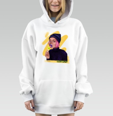 Девушка с леденцом на фоне желтого Девчуля с чупиком, Hoodie Mjhigh Dig, оверсайз, утепленная