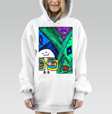 Усталый взгляд сквозь яркие порталы на фоне зеленого и синего, Hoodie Mjhigh Dig, оверсайз, утепленная