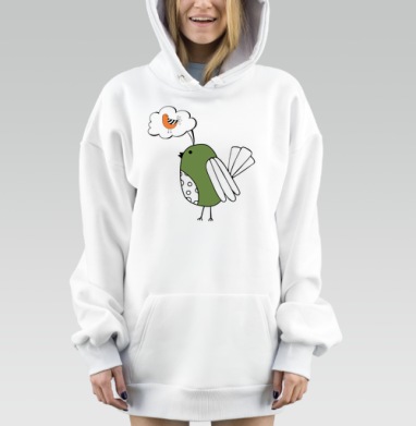Мечтающая зеленая птица с оранжевым другом на сером фоне, Hoodie Mjhigh Dig, оверсайз, утепленная