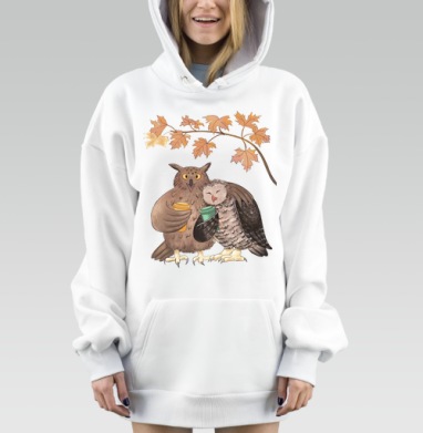 Сова с совой пьют кофе и гуляют по парку, Hoodie Mjhigh Dig, оверсайз, утепленная