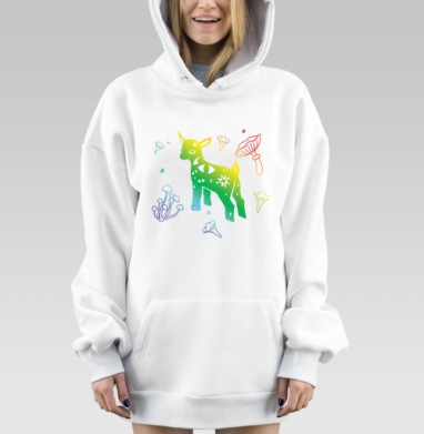 Мистический Чёрный Оленёнок с Грибами и Звёздами черный белый, Hoodie Mjhigh Dig, оверсайз, утепленная