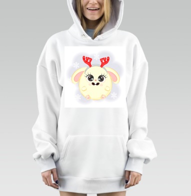 Милый желтый зверек с красными рожками среди белых снежинок, Hoodie Mjhigh Dig, оверсайз, утепленная