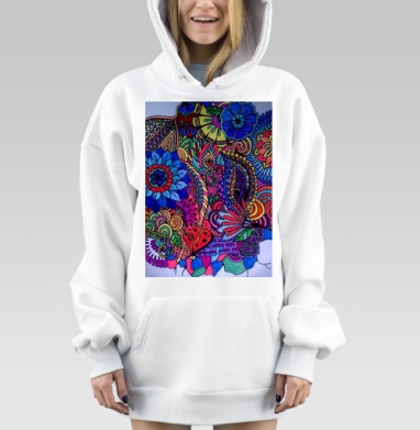 Яркий узор с синими и красными цветами переплетение форм живые цвета, Hoodie Mjhigh Dig, оверсайз, утепленная