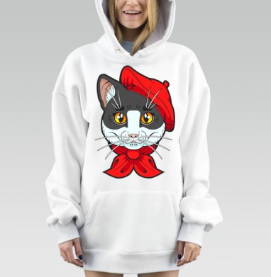 Черно белый кот с красным беретом и шарфом на сером фоне, Hoodie Mjhigh Dig, оверсайз, утепленная