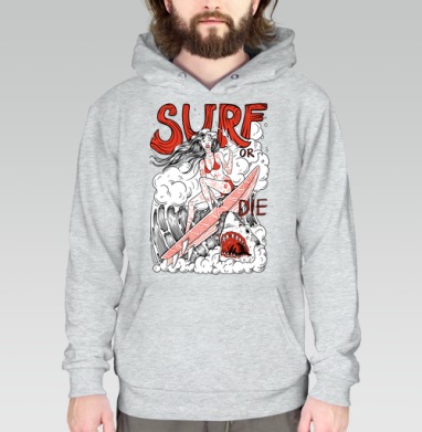 Девушка Серфер На Волне С Акулами Surf Or Die, Толстовка меланж Regular