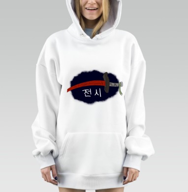 Катана с красным клинком и корейскими символами в центре, Hoodie Mjhigh Dig, оверсайз, утепленная