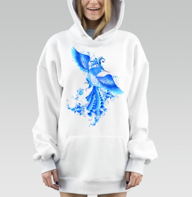 Синяя птица удачи в стиле гжельской росписи, Hoodie Mjhigh Dig, оверсайз, утепленная