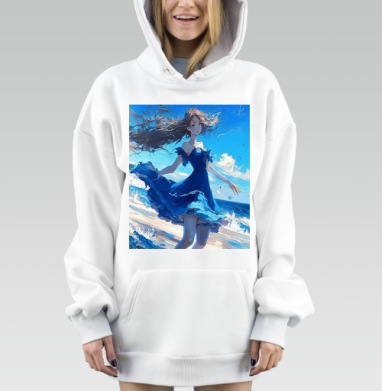 Девушка в голубом платье на берегу моря для девушек, Hoodie Mjhigh Dig, оверсайз, утепленная