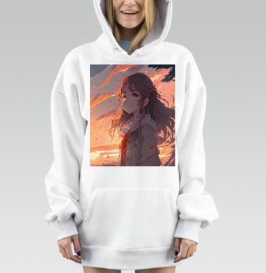 Девушка на рассвете с длинными волосами на берегу, Hoodie Mjhigh Dig, оверсайз, утепленная