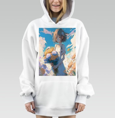 Девушка с букетом цветов на поле голубое небо, Hoodie Mjhigh Dig, оверсайз, утепленная