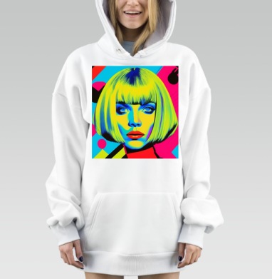 Яркий Неоновый Портрет Женщины с Волосами Мода, Hoodie Mjhigh Dig, оверсайз, утепленная